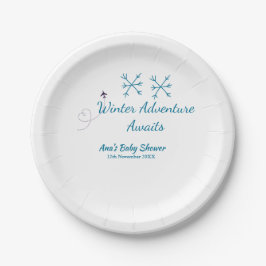Winter Adventure awaits baby shower blue snowflake Pappteller
