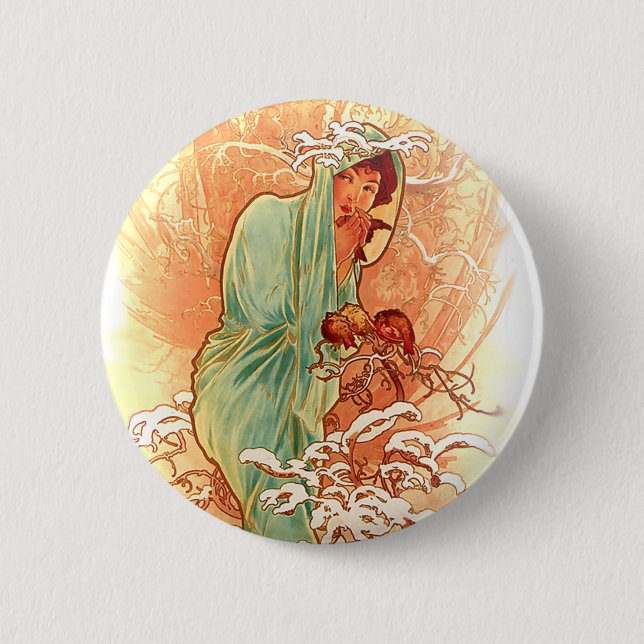 Winter - Alphonse Mucha Art Nouveau Button (Vorderseite)