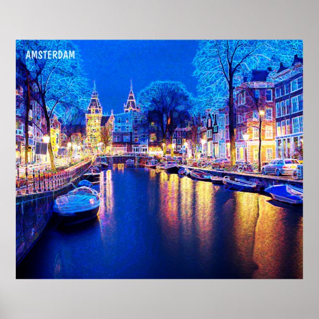 Winter Amsterdam Kanal bei Nacht mit Booten Poster (Vorne)