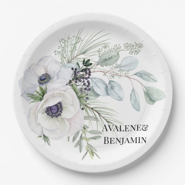 Winter Anemone Blumen Hand bemalt Hochzeit Pappteller (Vorderseite)
