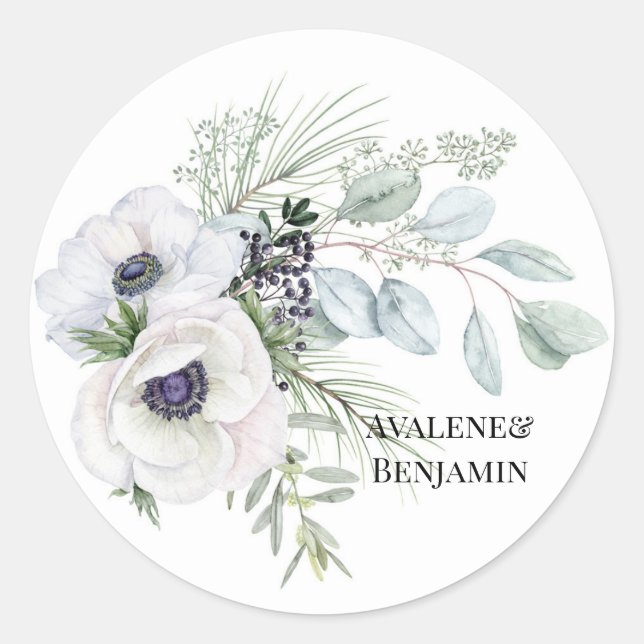 Winter Anemone Blumen Hand bemalt Hochzeit Runder Aufkleber (Vorderseite)