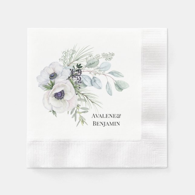 Winter Anemone Blumen Hand bemalt Hochzeit Serviette (Vorderseite)