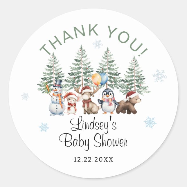 Winter Animal Baby Shower Thank You Runder Aufkleber (Vorderseite)