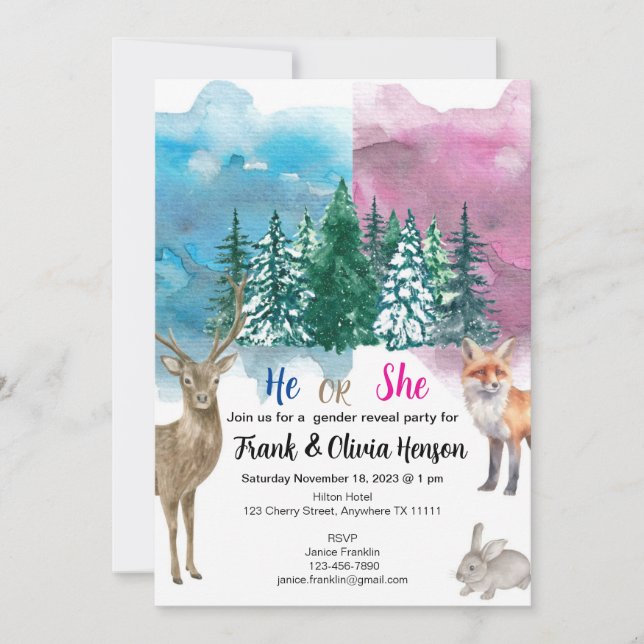 Winter Animal Forest Wonderland Gender Reveal Einladung (Vorderseite)