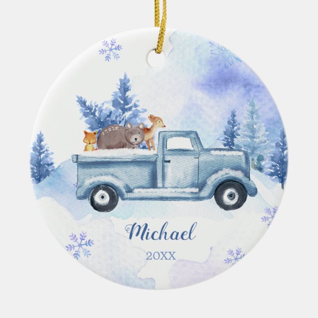 Winter Animal Truck Blaue Schneeflocken Berg Keramik Ornament (Vorne)