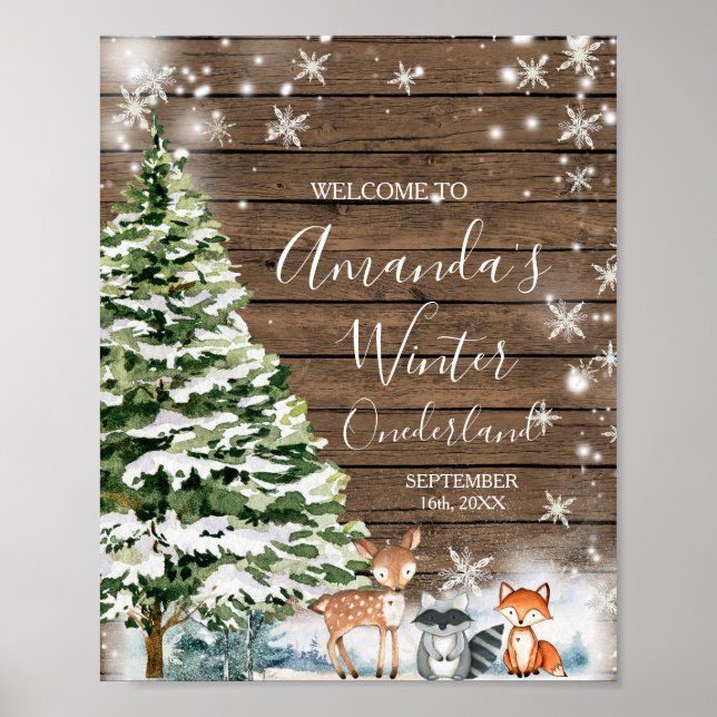 Winter Animal Wood Snowflakes ONEderland Geburtsta Poster (Vorne)