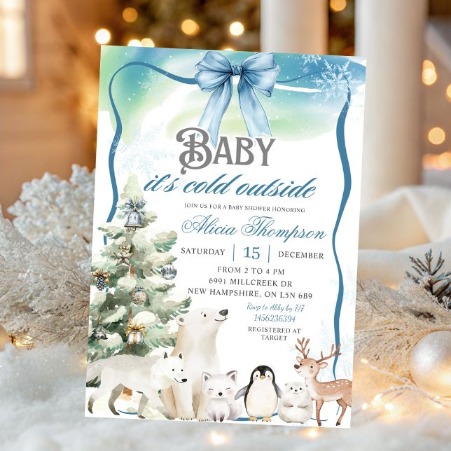 Winter Animals Aurora Bow Coquette Boy Baby Shower Einladung (Von Creator hochgeladen)