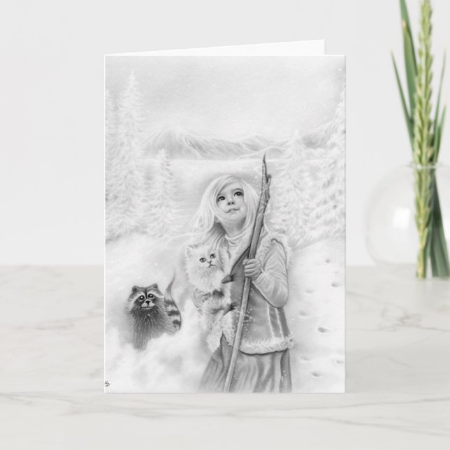 Winter Animals Girl Fantasy Grußkarte Karte (Vorderseite)