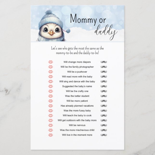Winter Animals Mommy oder Daddy Baby Shower Game (Vorderseite)