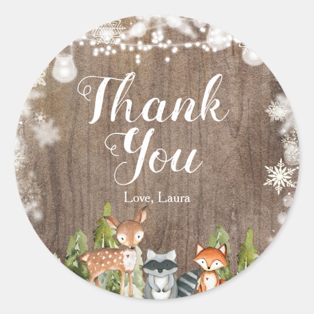 Winter Animals Snowflakes Kinderdusche Danke Runder Aufkleber (Vorderseite)