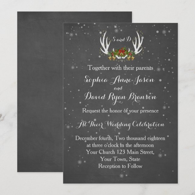 Winter Antlers Chalkboard Hochzeit Einladung (Vorne/Hinten)