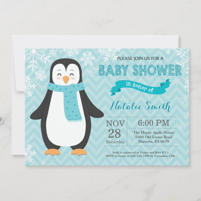 Winter-Aqua-Pinguin-Babyparty-Einladung Einladung (Vorderseite)