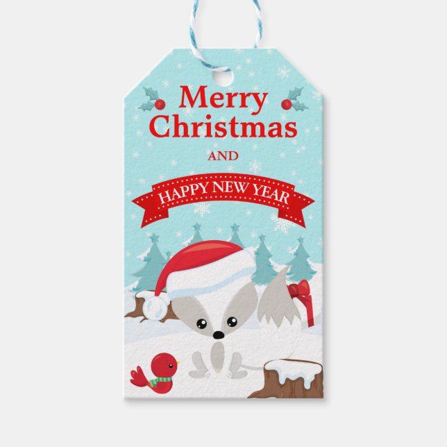 Winter Arctic Fox Snowy Scene Frohe Weihnachten Geschenkanhänger (Vorderseite)