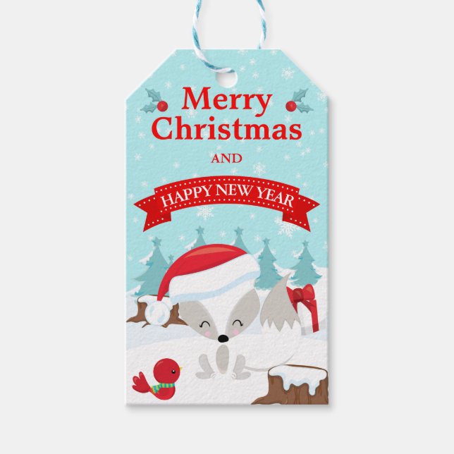Winter Arctic Fox Snowy Scene Frohe Weihnachten Geschenkanhänger (Vorderseite)