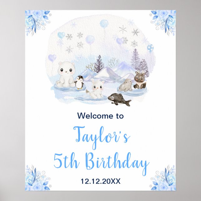 Winter Arktische Tiere Geburtstag Willkommen Poster (Vorne)