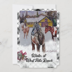 Winter auf Westhügeln Ranch schwarzes Pferd Feiertagskarte