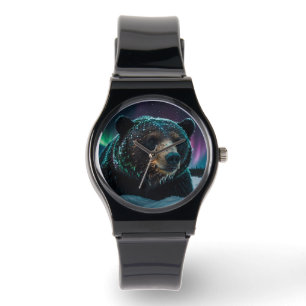 Winter Aurora & Black Bären Wildlife Design Armbanduhr
