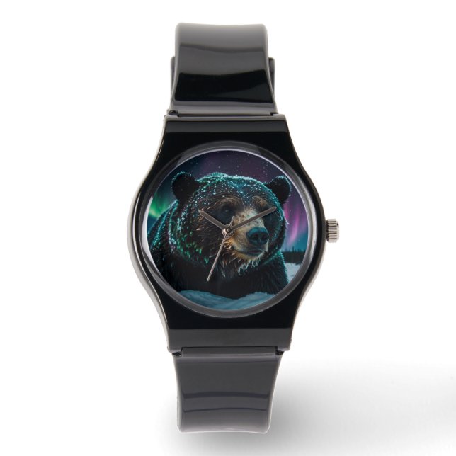 Winter Aurora & Black Bären Wildlife Design Armbanduhr (Vorderseite)