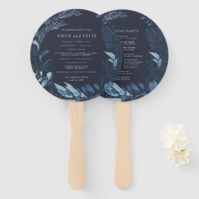 Winter Azure | Blue Botanical Wedding Program Fächer (Vorne und Hinten)