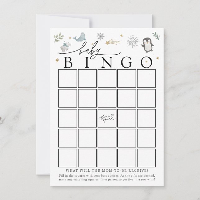 Winter Baby Animals Baby Shower Bingo Game Card Einladung (Vorderseite)