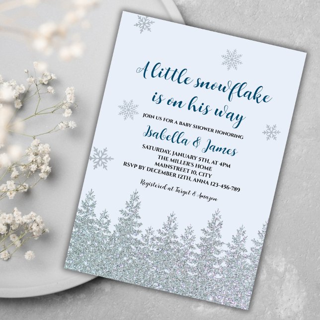 Winter Baby Boy Dusche Woodland Little Snowflake Einladung (winter baby boy shower invitation blue woodland silver glitter little snowflake on the way)