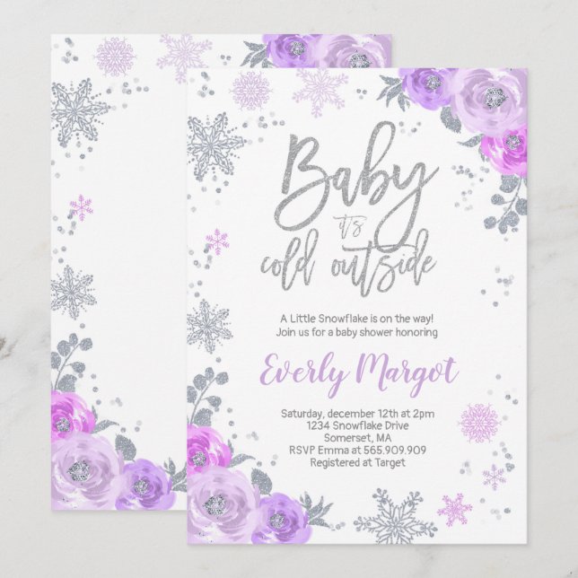 Winter Baby Dusche Einladung Lila und silber (Vorne/Hinten)