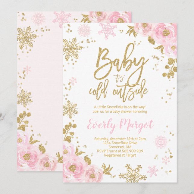 Winter Baby Dusche Einladung Pink Gold Snowflake (Vorne/Hinten)