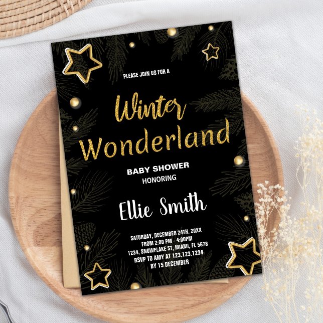 Winter Baby Dusche Einladungen Golden Star Black (Winter Baby Shower Invitations Golden Star Black)