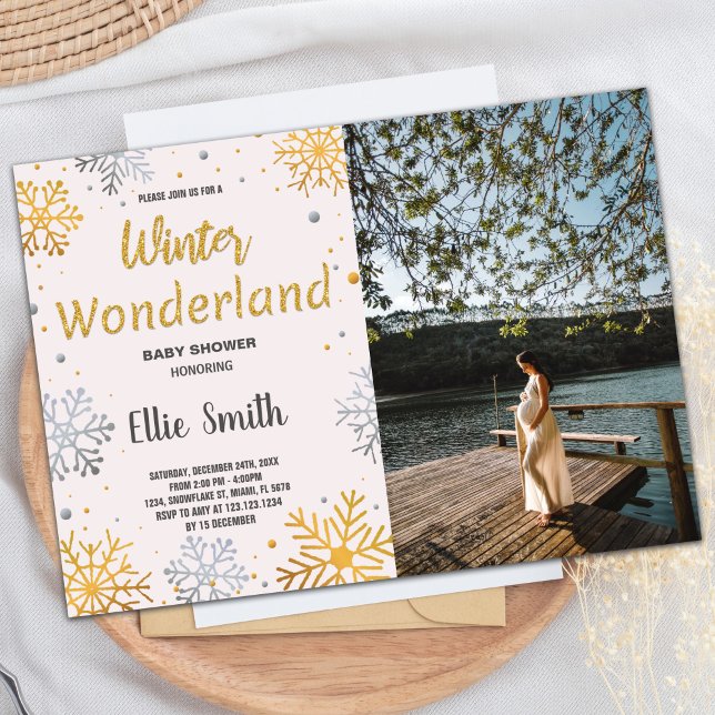 Winter Baby Dusche Einladungen Goldenes Schnee Fot (Winter Baby Shower Invitations Golden Snow Photo)