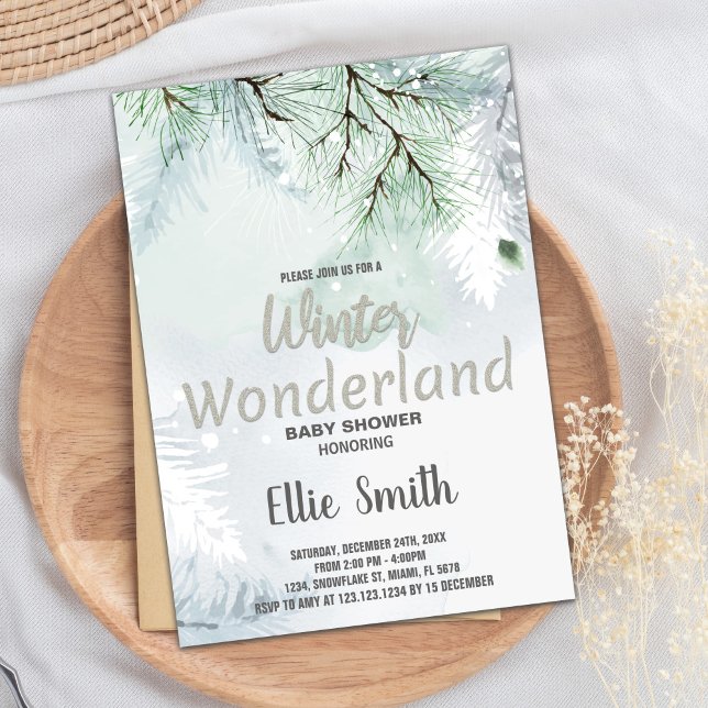 Winter Baby Dusche Einladungen Pine Glitzer Silver (Winter Baby Shower Invitations Pine Glitter Silver)