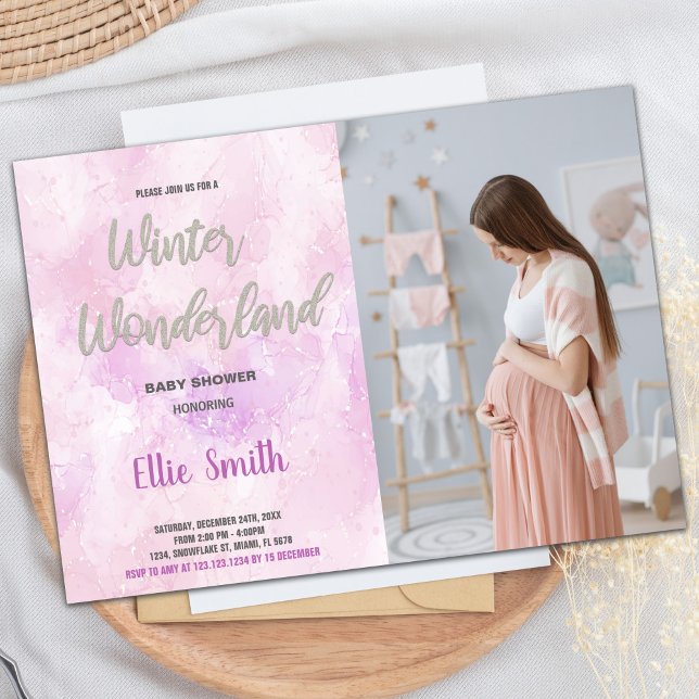 Winter Baby Dusche Einladungen Rosa Glitzer Foto (Winter Baby Shower Invitations Pink Glitter Photo)