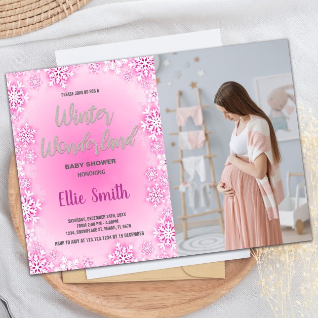 Winter Baby Dusche Einladungen Rosa Schnee Foto (Winter Baby Shower Invitations Pink Snow Photo)
