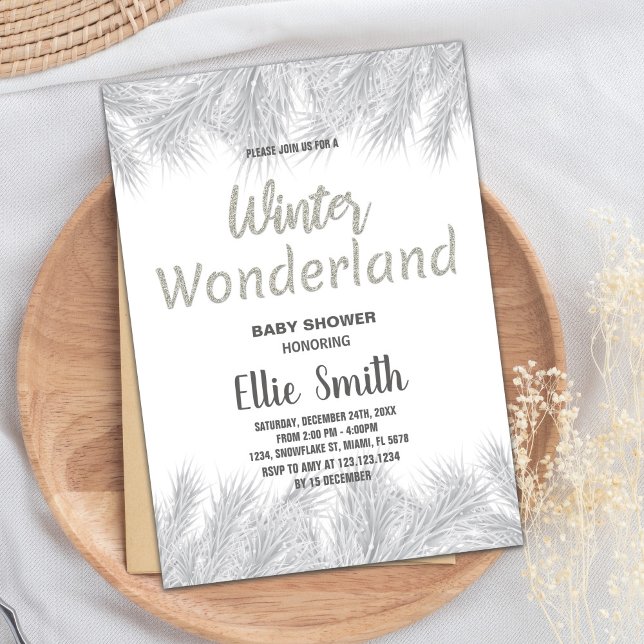 Winter Baby Dusche Einladungen Silver Glitzer Pine (Winter Baby Shower Invitations Silver Glitter Pine)