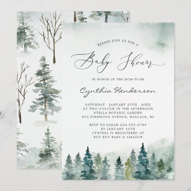 Winter Baby Dusche Eleganter Chic Forest Pine Tree Einladung (Vorne/Hinten)