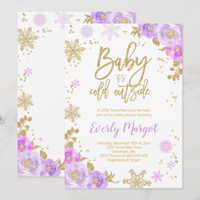 Winter Baby Dusche Lila und Gold Einladung (Vorne/Hinten)