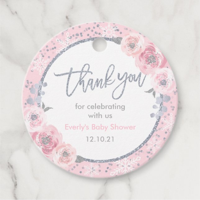 Winter Baby Dusche Pink & Silver Snowflake Dusche Geschenkanhänger (Vorderseite)