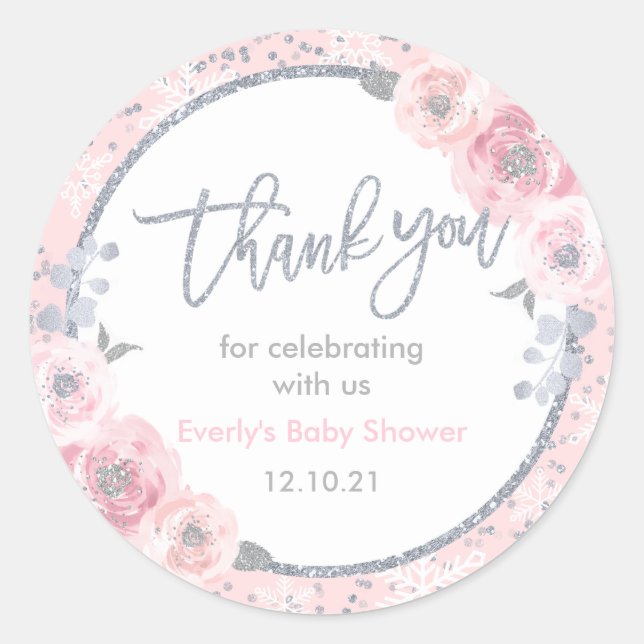 Winter Baby Dusche Pink & Silver Snowflake Gefalle Runder Aufkleber (Vorderseite)