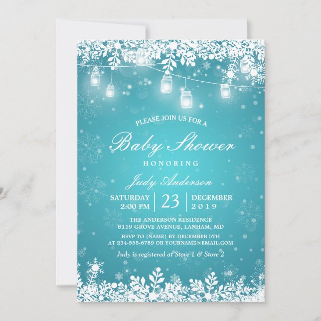 Winter Baby Dusche Türkis Mason Jar Lights Einladung (Vorderseite)
