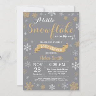 Winter-Baby-Party Gold Weiß und Grau Schneeflocke Einladung