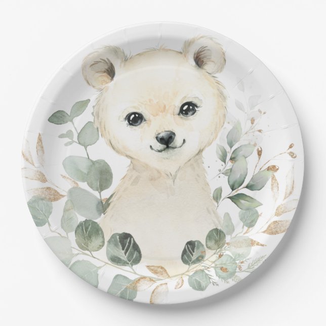 Winter Baby Polar Bear Eukalyptus Greenery Gold Pappteller (Vorderseite)