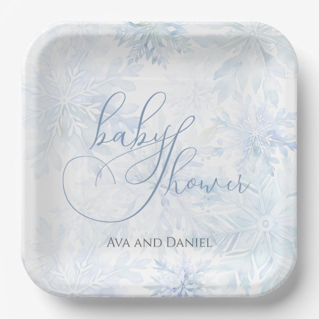 Winter Baby Shower Boy Blue Snowflake Pappteller (Vorderseite)