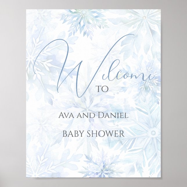 Winter Baby Shower Boy Blue Snowflake Welcome Poster (Vorne)