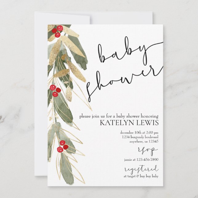 Winter Baby Shower Einladung Gold Holly (Vorderseite)