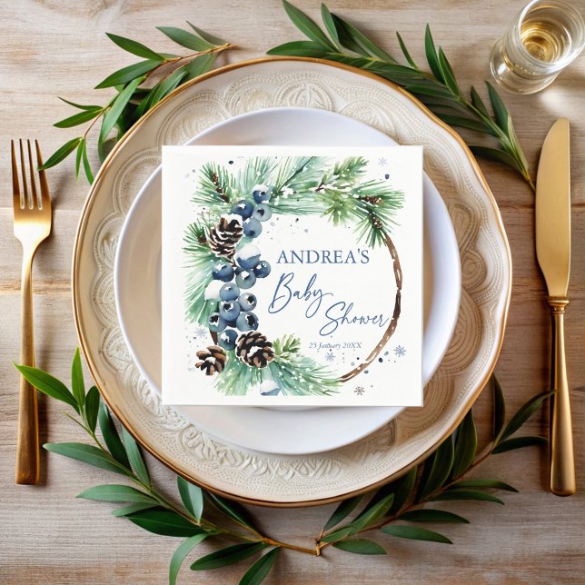 Winter baby shower pines wreath monogrammed serviette (Winter baby shower pines pinecones wreath monogrammed printed napkins personalized decor)