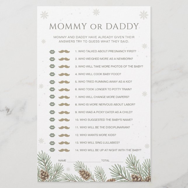 Winter Baby Shower rät, wer Mama oder Daddy Game i (Vorderseite)