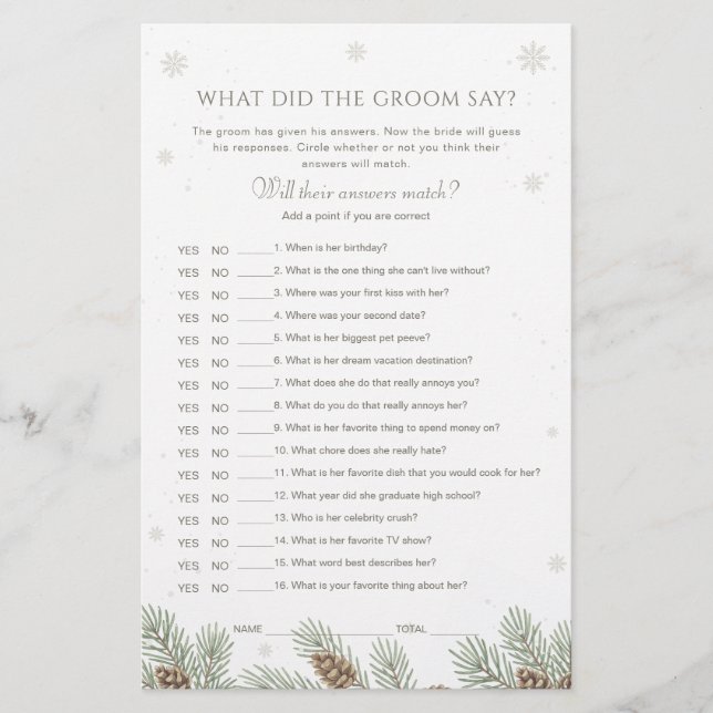 Winter Baby Shower What Did the Groom Say Game (Vorderseite)