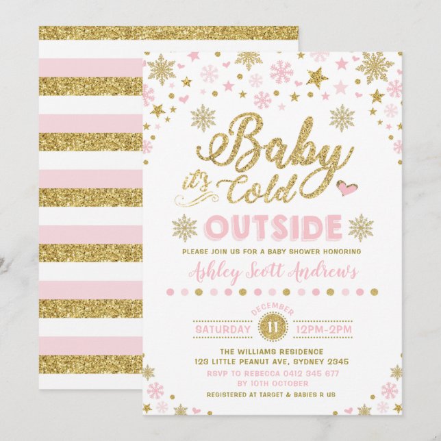 Winter-Babyparty-Einladungs-Rosa-Goldschneeflocke Einladung (Vorne/Hinten)