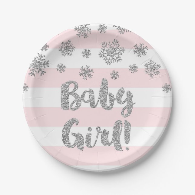Winter-Babyparty-Platten-Rosa Stripes silbernen Pappteller (Vorderseite)