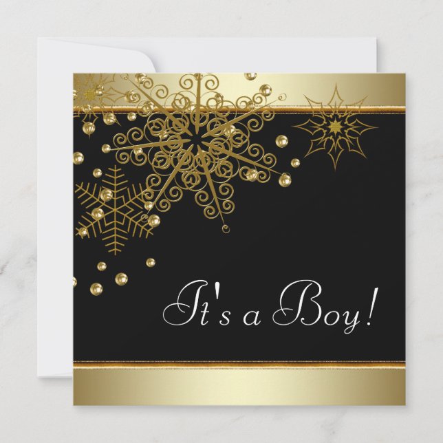 Winter Back and Gold Snowflakes Baby Boy Dusche Einladung (Vorderseite)