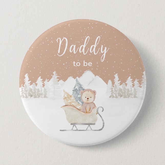 Winter Bär Brauner Schlitten Daddy wird Papa Button (Vorderseite)